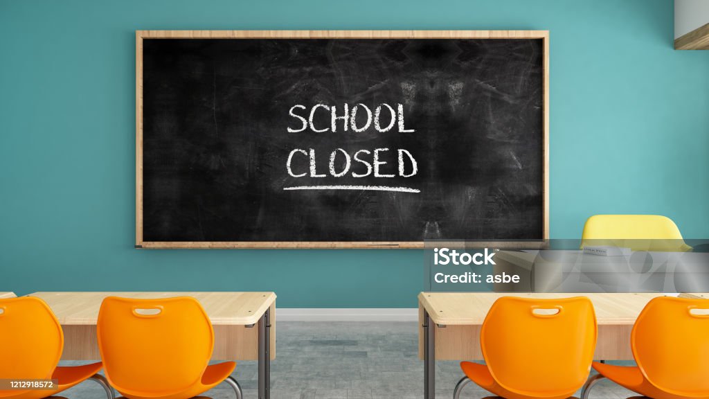 School Closed Sign on Chalkboard in Classroom School Closed Sign on Chalkboard in Classroom. 3d Render School Building Stock Photo