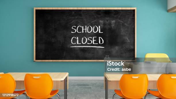 School Closed Sign On Chalkboard In Classroom Stock Photo - Download Image Now - School Building, Closing, Education