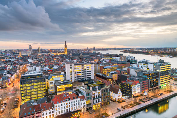 Antwerp, Belgium cityscape from above at twilight.