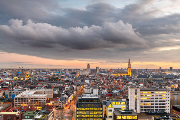 Antwerp, Belgium cityscape from above at twilight.