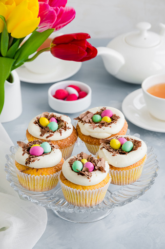 Homemade Easter vanilla cupcakes bird's nest with butter cream, chocolate and candy eggs on a dish. Easter fun food idea for kids. Vertical orientation