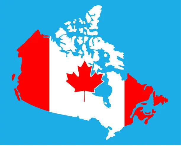 Vector illustration of Outlined Canada map country silhouette in national Canadian flag colors and with maple leaf vector drawing template for your design.