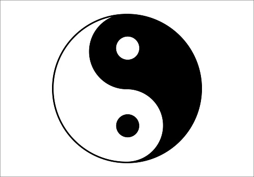 Black and white Yin and Yang simple icon on white background. Concept of dualism in ancient Chinese philosophy. The taichi symbol vector design. Ying yang symbol of harmony and balance.