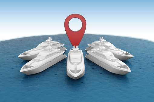 white faceless yachts around pin symbol. 3d rendering