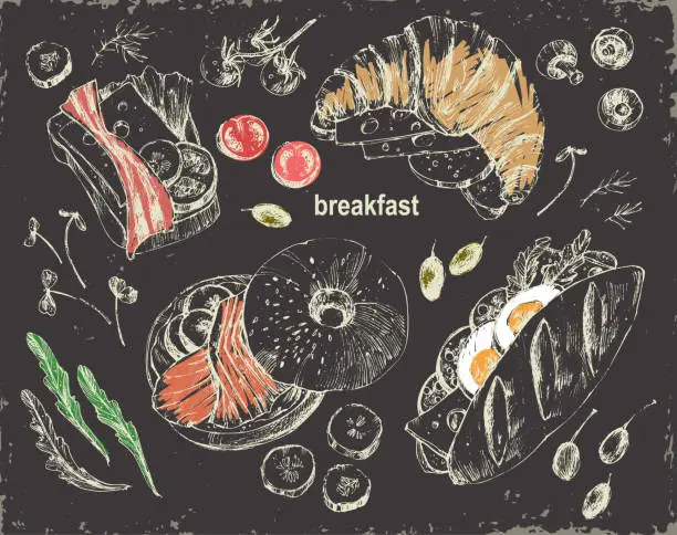 Vector illustration of Hand drawn black chalk breakfast menu illustration