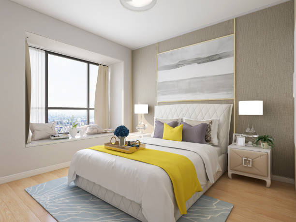 istock Bright modern design bedroom with wardrobes, illustrations, bedside tables and more 1212923655