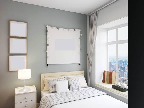 istock Bright modern design bedroom with wardrobes, illustrations, bedside tables and more 1212923663