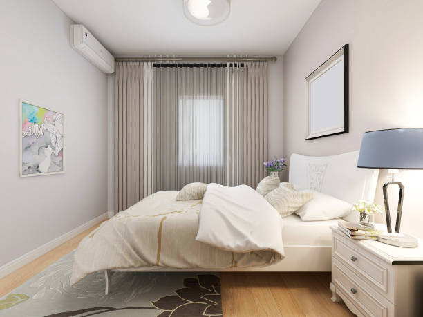 istock Bright modern design bedroom with wardrobes, illustrations, bedside tables and more 1212923686