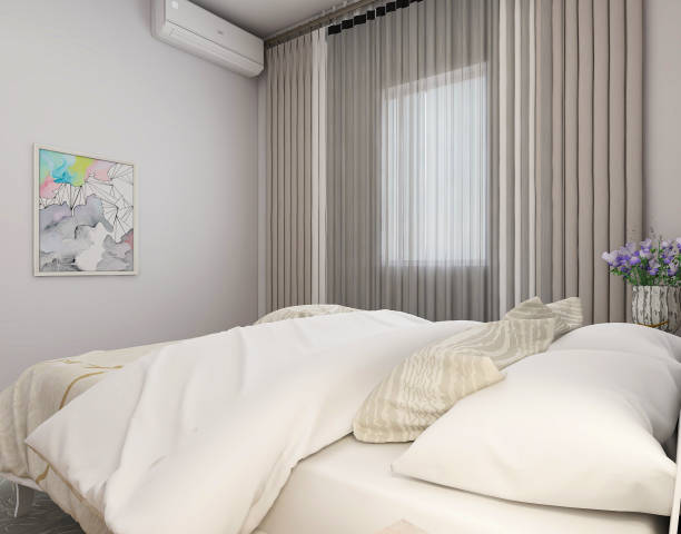istock Bright modern design bedroom with wardrobes, illustrations, bedside tables and more 1212923690