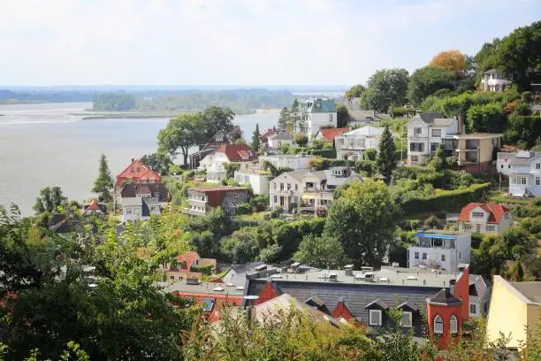 Blankenese, suburb of villas in Hamburg, Germany. View with Elbe river. District of Altona.