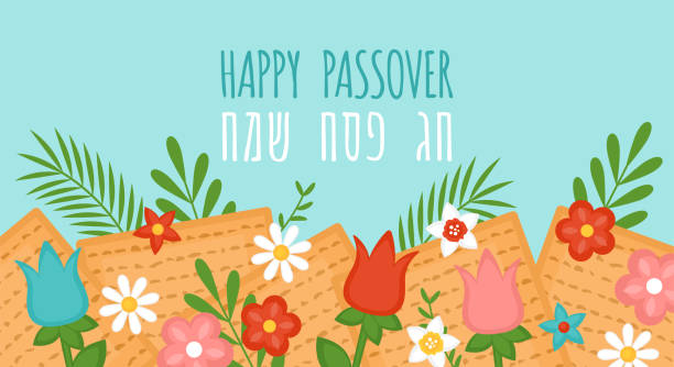 ilustraciones, imágenes clip art, dibujos animados e iconos de stock de diseño de pancarta navideña passover pesah con matzah y flores de primavera - passover matzo seder spring