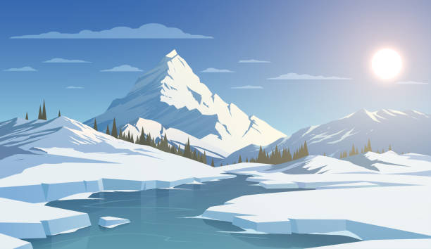 illustrazioni stock, clip art, cartoni animati e icone di tendenza di paesaggio invernale con montagne - mountain snow sunset house