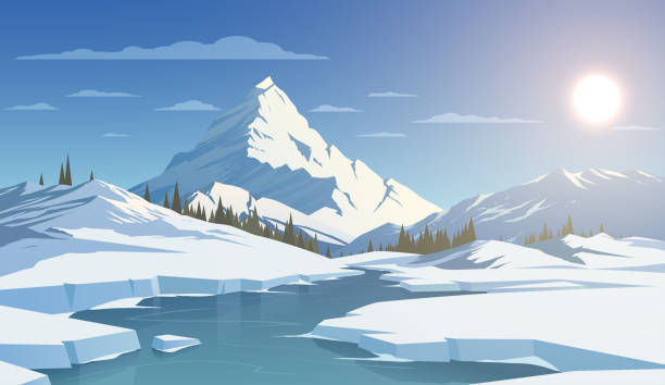 산과 겨울 날 풍경 - mountain winter mountain peak lake stock illustrations