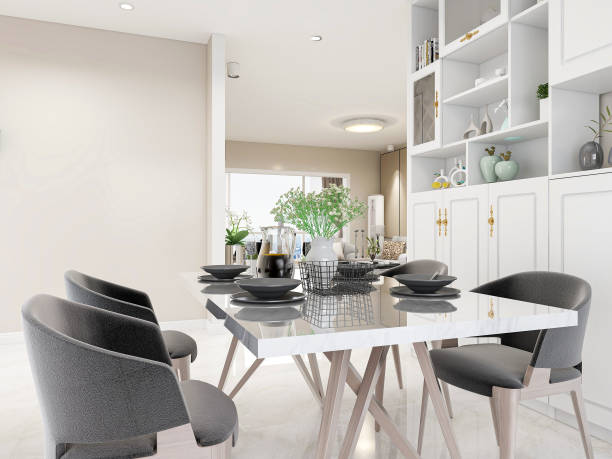 istock Modern design dining room with wooden dining table and wine cabinet 1212925561