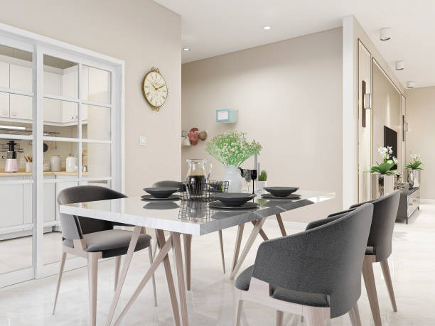 istock Modern design dining room with wooden dining table and wine cabinet 1212925570