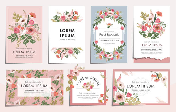 결혼, 기념일, 생일 파티를 위한 꽃 카드 세트의 벡터 일러스트 세트. - wedding invitation rose flower floral pattern stock illustrations