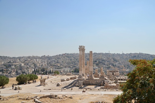 Remaining ruins of an ancienbt temple in Amman citadel on a hill above the city