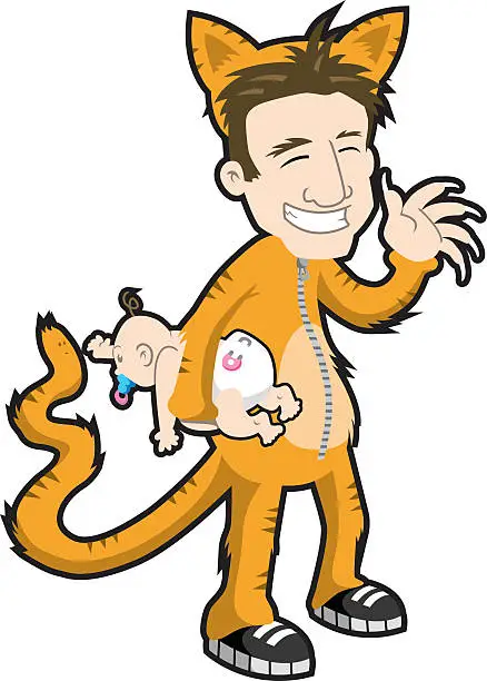 Vector illustration of Guy in Cat Suit and a Baby