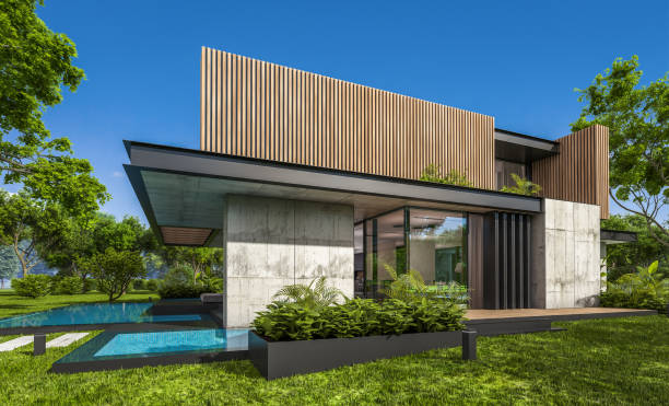 istock 3d rendering of modern house with wood plank facade 1212937804