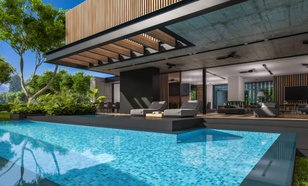 istock 3d rendering of modern house with wood plank facade 1212937827
