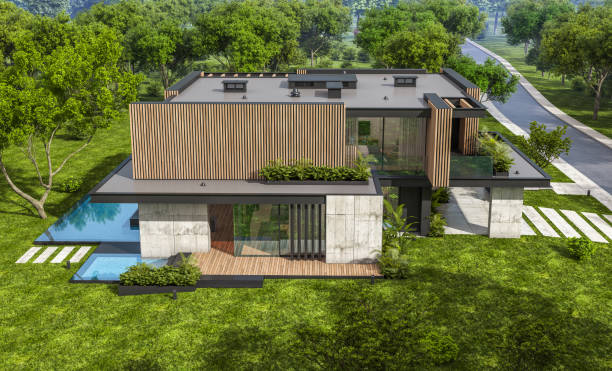istock 3d rendering of modern house with wood plank facade 1212937828