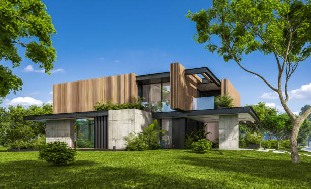 istock 3d rendering of modern house with wood plank facade 1212937836