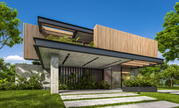 istock 3d rendering of modern house with wood plank facade 1212937866
