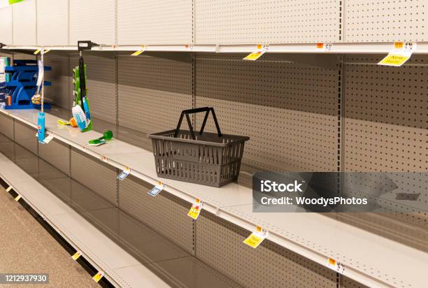 Empty Shelves At A Grocery Store Stock Photo - Download Image Now - Empty, Shelf, No People