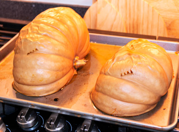 Pumpkin cut in half and cooked for baking