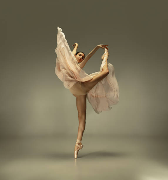 istock Young graceful tender ballerina on grey studio background 1212938619