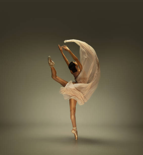 istock Young graceful tender ballerina on grey studio background 1212939218