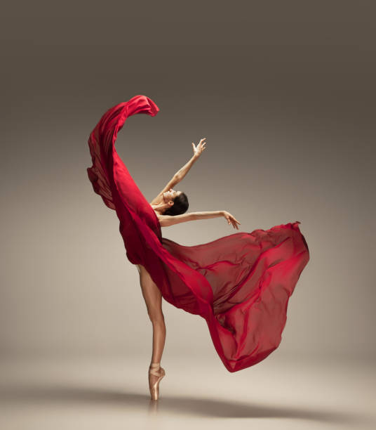 Young graceful tender ballerina on grey studio background Free flight. Graceful classic ballerina dancing on grey studio background. Deep red cloth. The grace, artist, movement, action and motion concept. Looks weightless, flexible. Fashion, style. creative occupation photos stock pictures, royalty-free photos & images