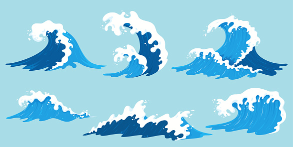 Vector sea waves collection. Illustration of blue ocean waves with white foam. Isolated water splash set in cartoon style. Element for your design.