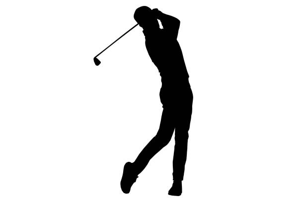 silhueta do jogador de golfe ao bater na bola - golf golf course swinging isolated - fotografias e filmes do acervo