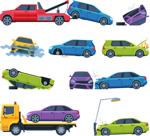 Vector illustration of Different Accidents on the Road Set, Damaged Car Vehicles Flat Vector Illustration