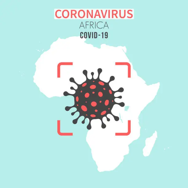 Vector illustration of Africa map with a coronavirus cell (COVID-19) in red viewfinder