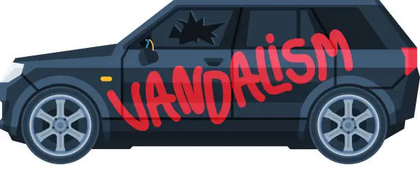 Vector illustration of Graffiti Vandalism Word Sprayed on Car, Auto Accident Flat Vector Illustration