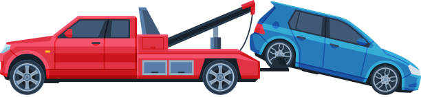 truk derek evakuasi mobil biru, ilustrasi kecelakaan jalan vektor datar - car lifting machine ilustrasi stok
