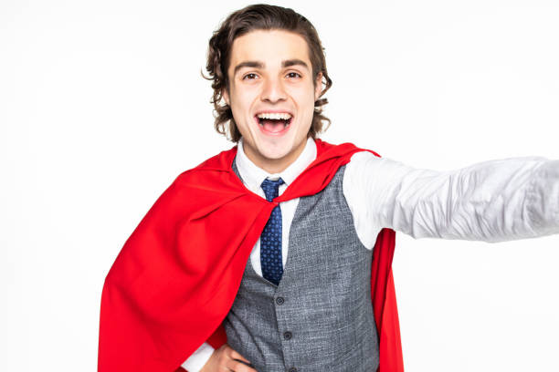 istock Young man superhero take selfie isolated on white background 1212942358