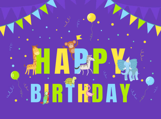 istock Happy Birthday Party Banner Template, Invitation Card, Poster with Cute African Animals Vector illustration 1212943051