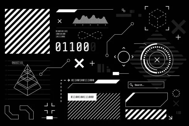 Vector illustration of Vector HUD graphic in futuristic style. High tech interface elements for your design. Digital touch screen. Sci-fi user interface builder collection. Black and white colors. Vector illustration.