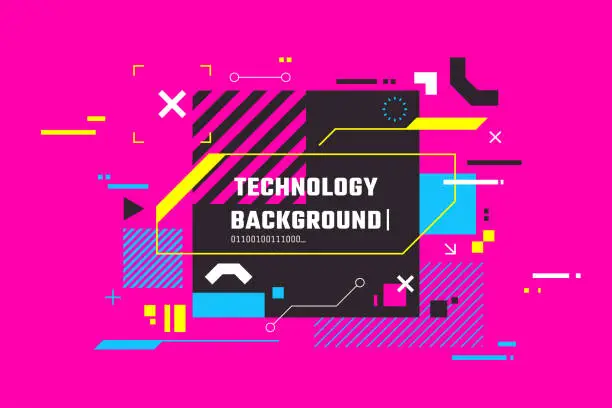 Vector illustration of Modern technology colorful background. Abstract high tech banner with place for text. Digital screen with HUD elements. Futuristic glitch illustration. Use for t-shirt design, club poster.