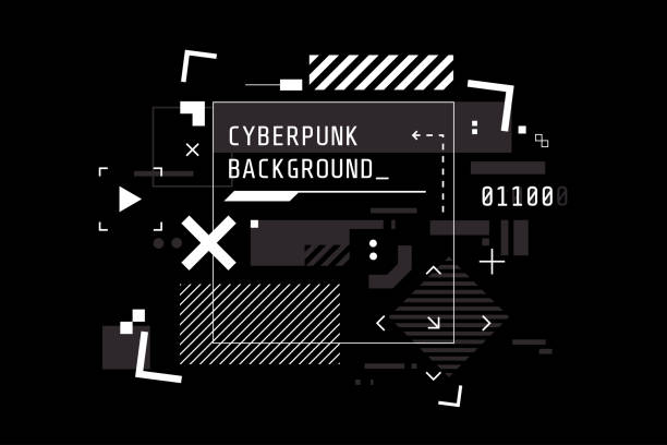 ilustrações de stock, clip art, desenhos animados e ícones de modern cyberpunk background in black and white color. abstract high tech banner with place for text. digital screen in hud style. futuristic glitch illustration. use for t-shirt design,club poster. - techno