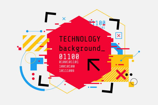 ilustrações de stock, clip art, desenhos animados e ícones de abstract technology colorful background in cyberpunk style. high tech banner design with place for text. digital screen with hud elements. futuristic glitch illustration. use for t-shirt, club poster. - bar code illustrations