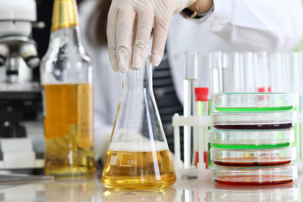 istock Oil sample, chemical experience in laboratory. 1212945355