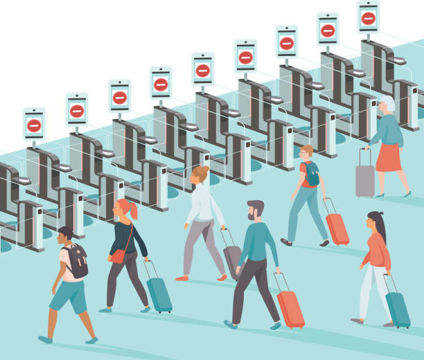 Lockdown the country borders during coronavirus quarantine.  Crowd of upset passengers with closed e-gates in the airport. flat vector illustration coronavirus COVID-19 disease outbreak concept. Lockdown the country borders during coronavirus quarantine.  Crowd of upset passengers with closed e-gates in the airport. flat vector illustration airport borders stock illustrations