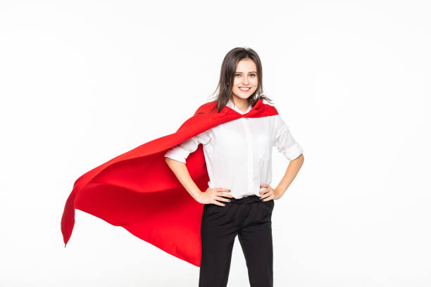 istock YOUNG business woman have large ambition dreaming become superhero solving all difficulty problem about the world showing isolated on the white background with copyspace. 1212946791