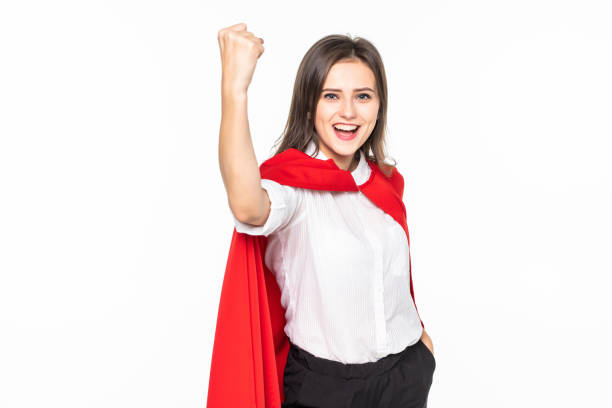 istock YOUNG business woman have large ambition dreaming become superhero solving all difficulty problem about the world showing isolated on the white background with copyspace. 1212946881