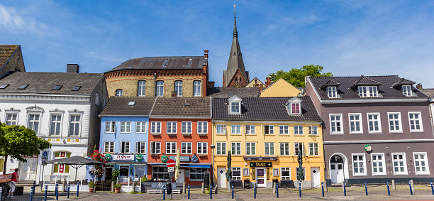 Panorama of colorful restaurants in Flensburg, Germany