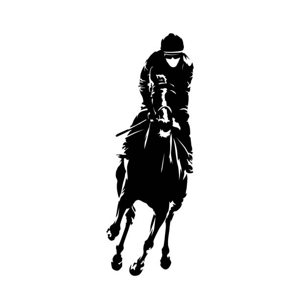 pferderennen, reiten. isolierte tintenzeichnung. abstrakte vektor-silhouette - mounted stock-grafiken, -clipart, -cartoons und -symbole